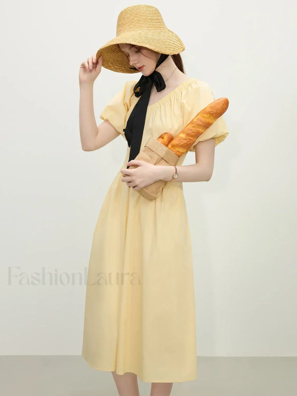 Yellow Waist-slim Midi Dress