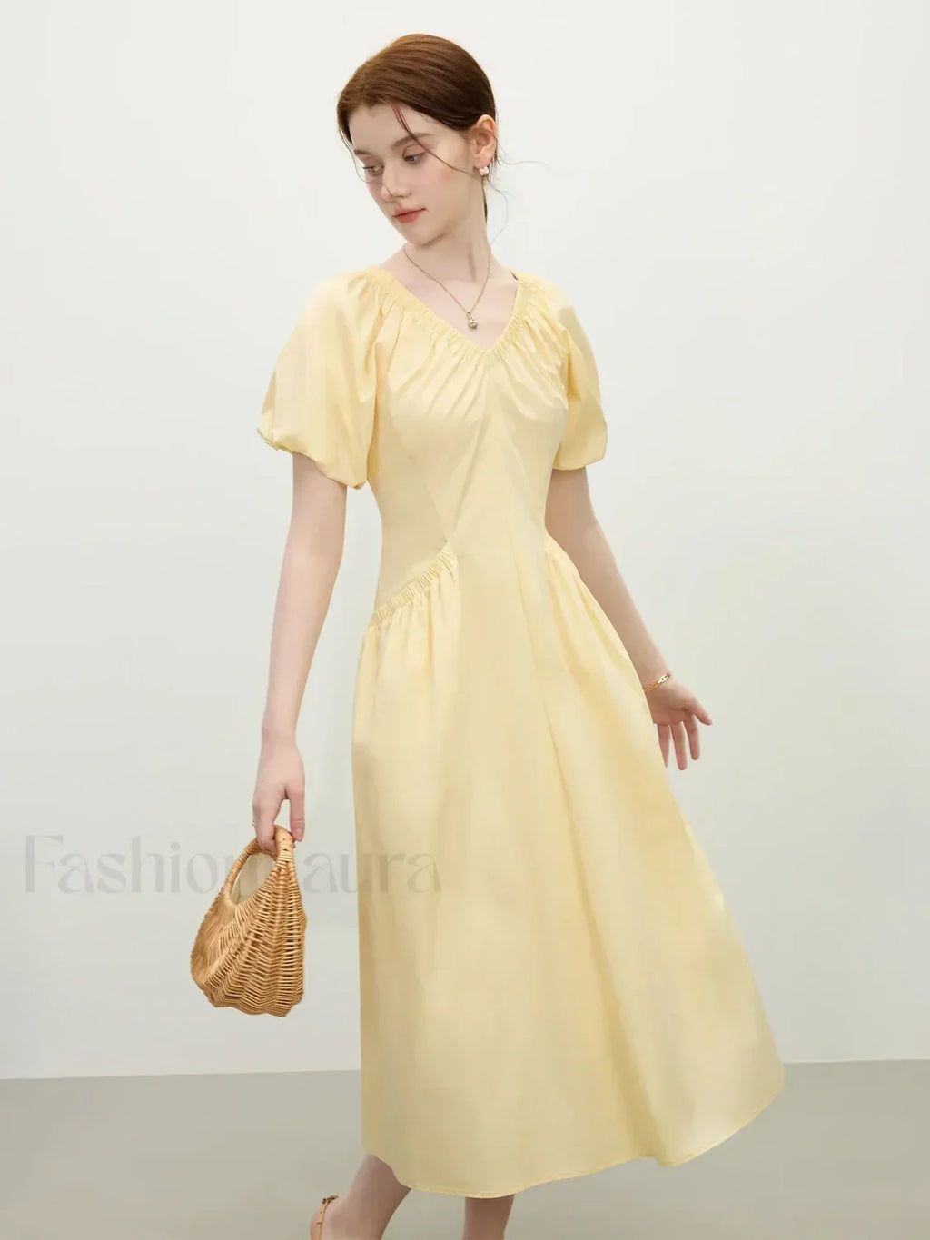 Yellow Waist-slim Midi Dress