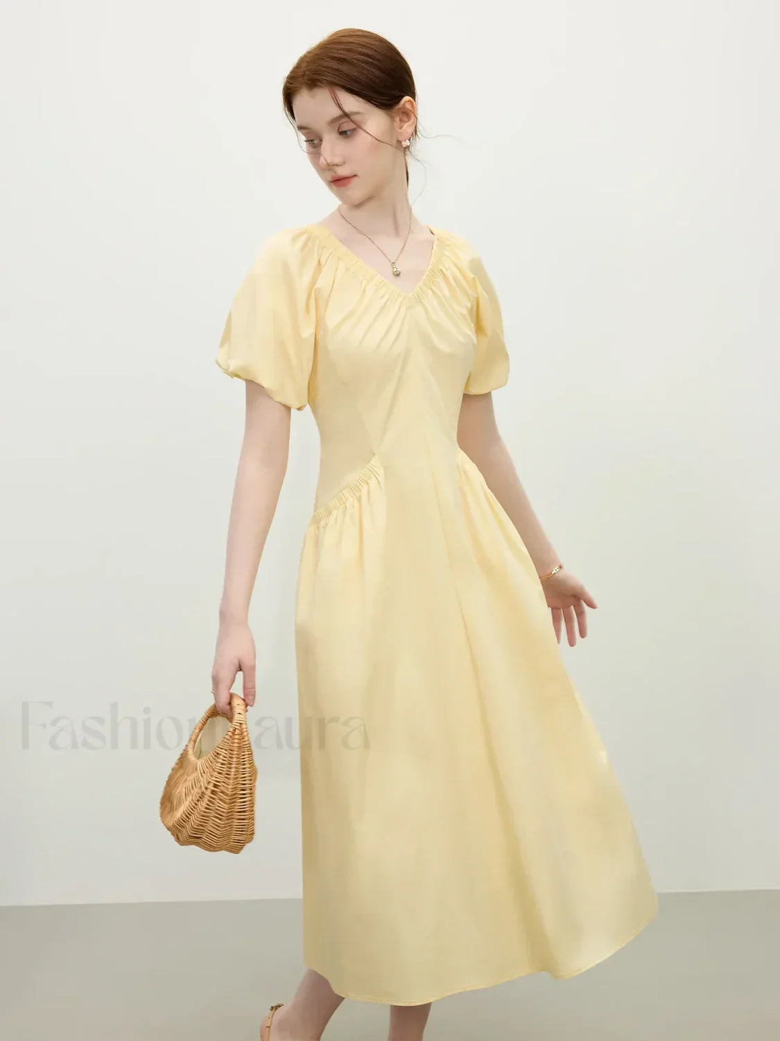 Yellow Waist-slim Midi Dress