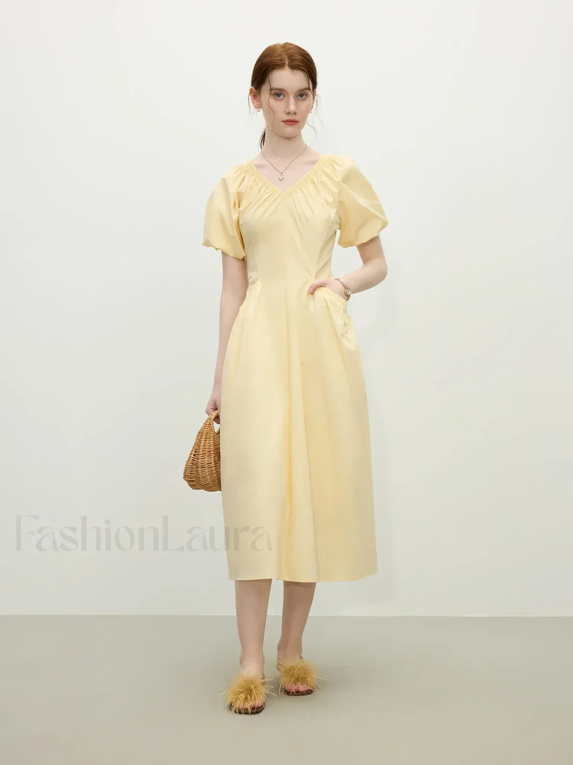 Yellow Waist-slim Midi Dress