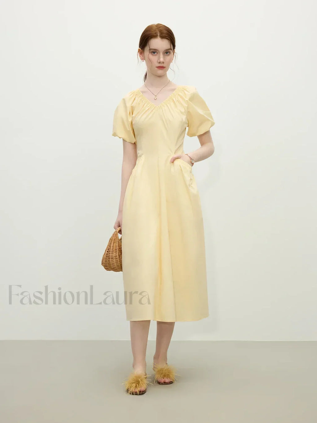 Yellow Waist-slim Midi Dress