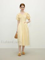 Yellow Waist-slim Midi Dress