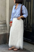 Fringe High Waist A-Line Midi Skirt
