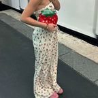 Fruit Print Strapless Tube Top Backless Crop Top Pants Two Pieces Set