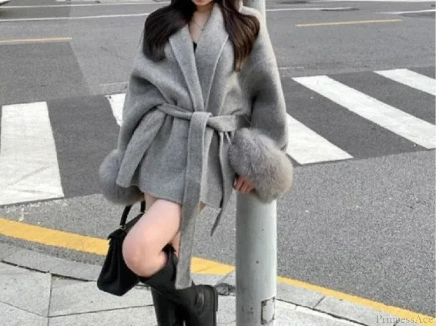Furry Patchwork Long Sleeve Bandage Overcoat