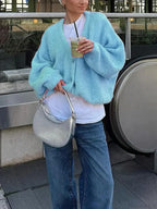Fuzzy V-neck Button-front Cardigan