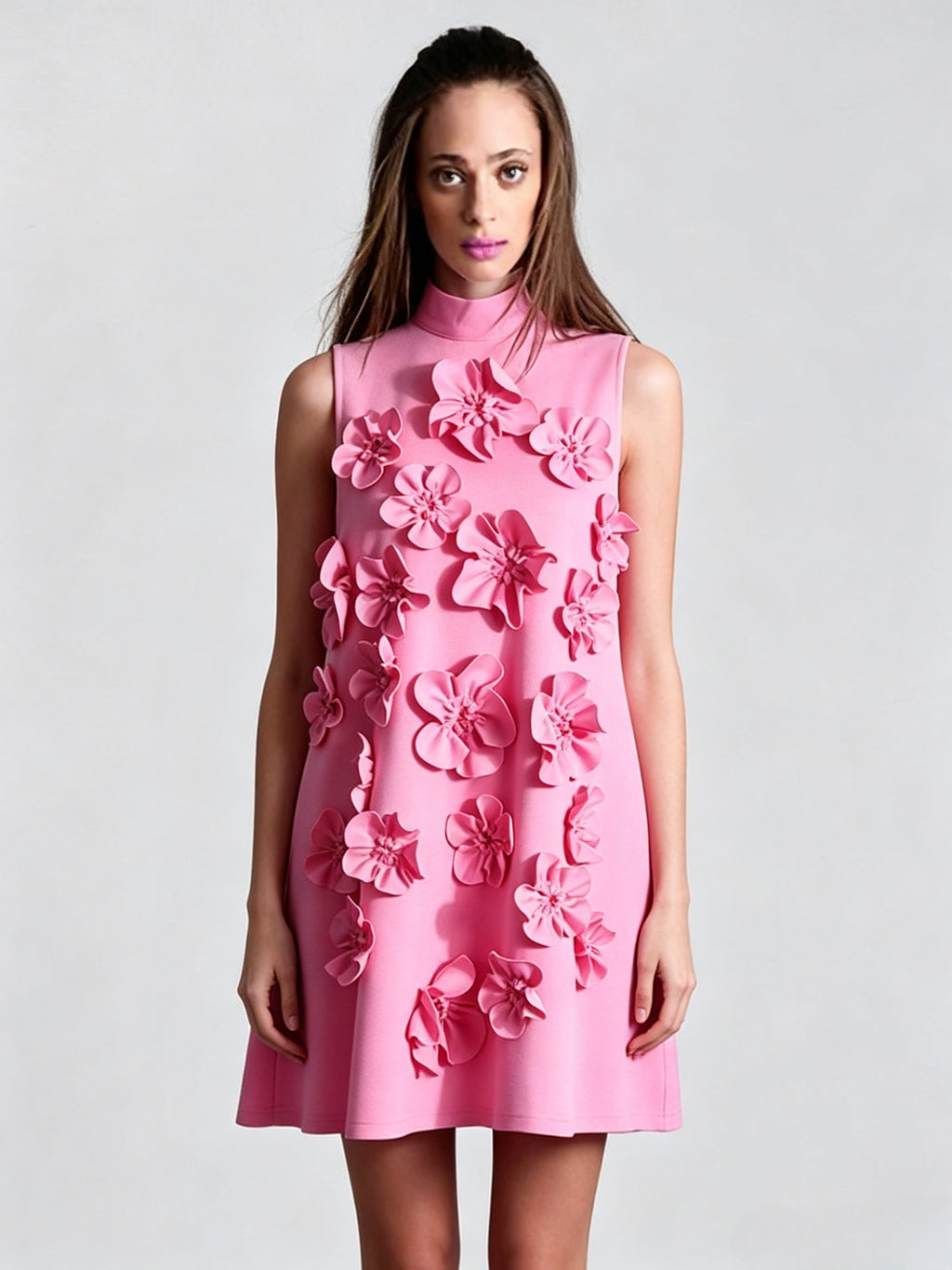 Party Dress Dresses Mini Pink Stand Collar Flowers Sleeveless Casual Semi Formal Dress