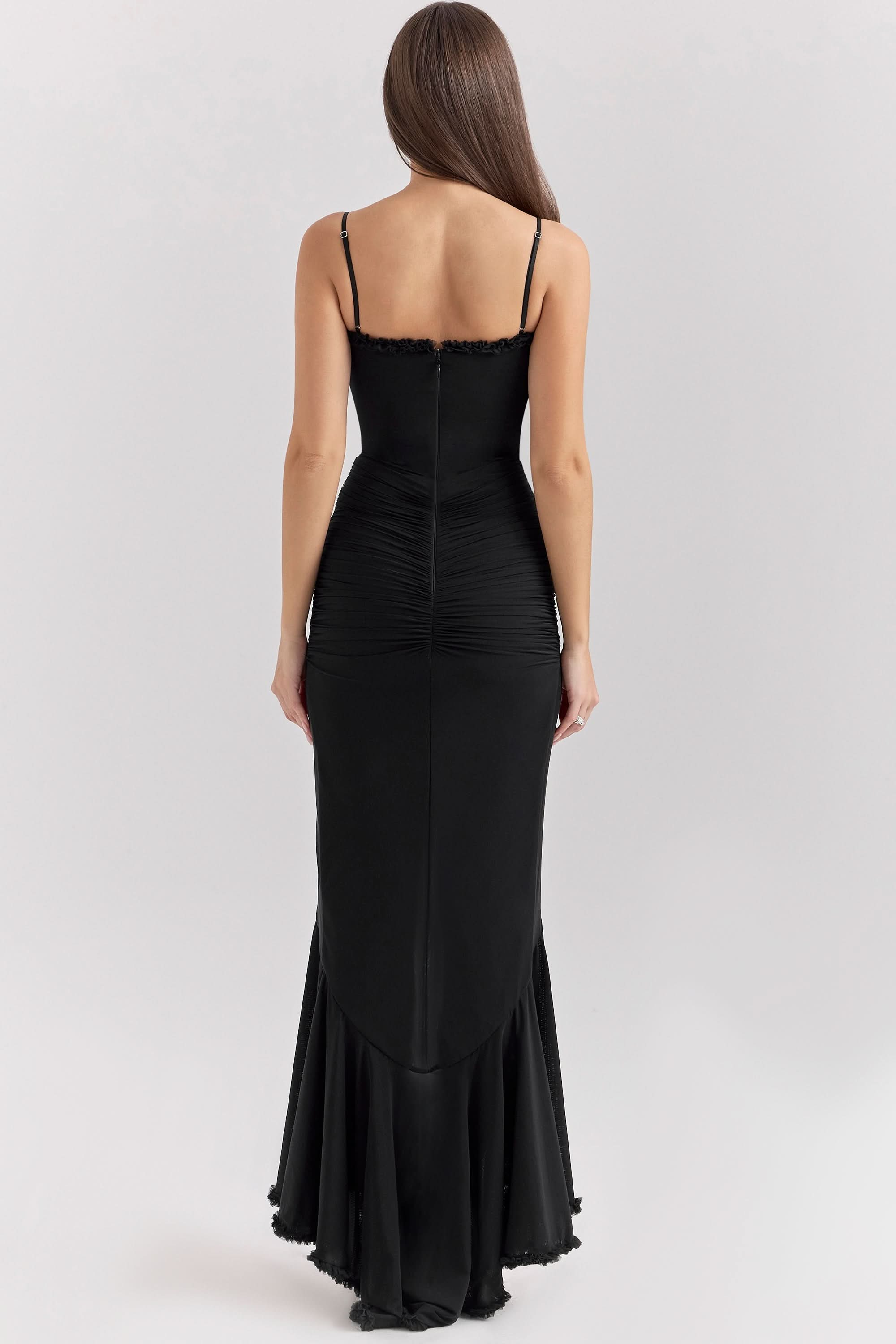 Spaghetti Strap Sweetheart Ruched Cascading Ruffle Front Slit Maxi Gown