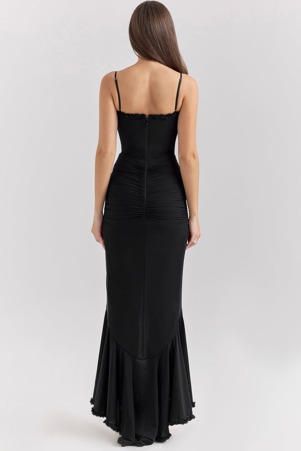 Sweetheart Spaghetti Strap Ruched Waterfall Ruffle Front Split Maxi Gown