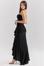 Sweetheart Spaghetti Strap Ruched Waterfall Ruffle Front Split Maxi Gown
