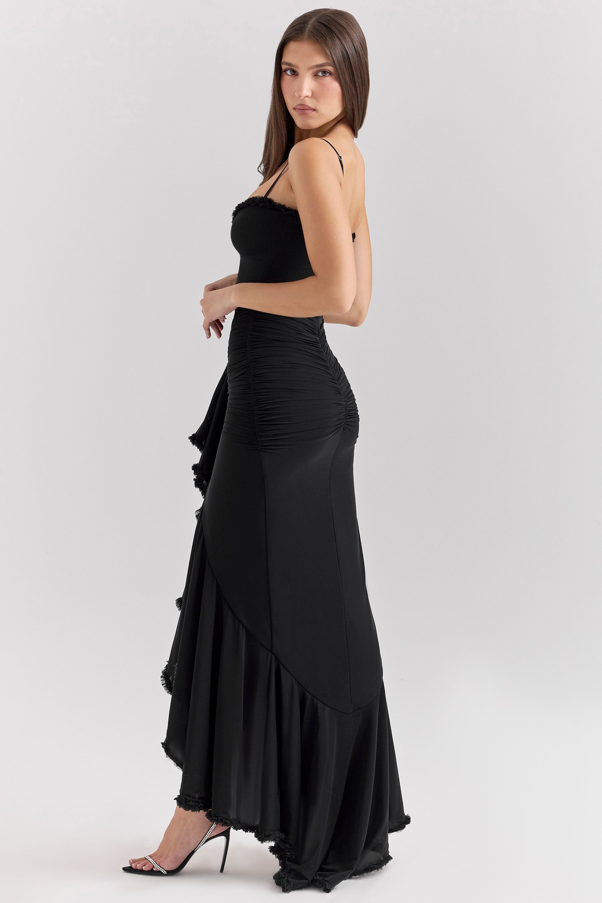 Sweetheart Spaghetti Strap Ruched Waterfall Ruffle Front Split Maxi Gown