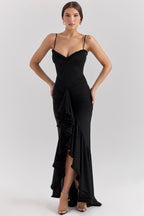 Sweetheart Spaghetti Strap Ruched Waterfall Ruffle Front Split Maxi Gown