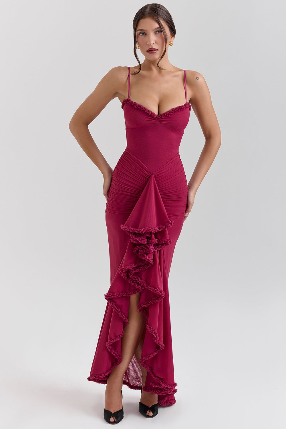 Sweetheart Spaghetti Strap Ruched Waterfall Ruffle Front Split Maxi Gown