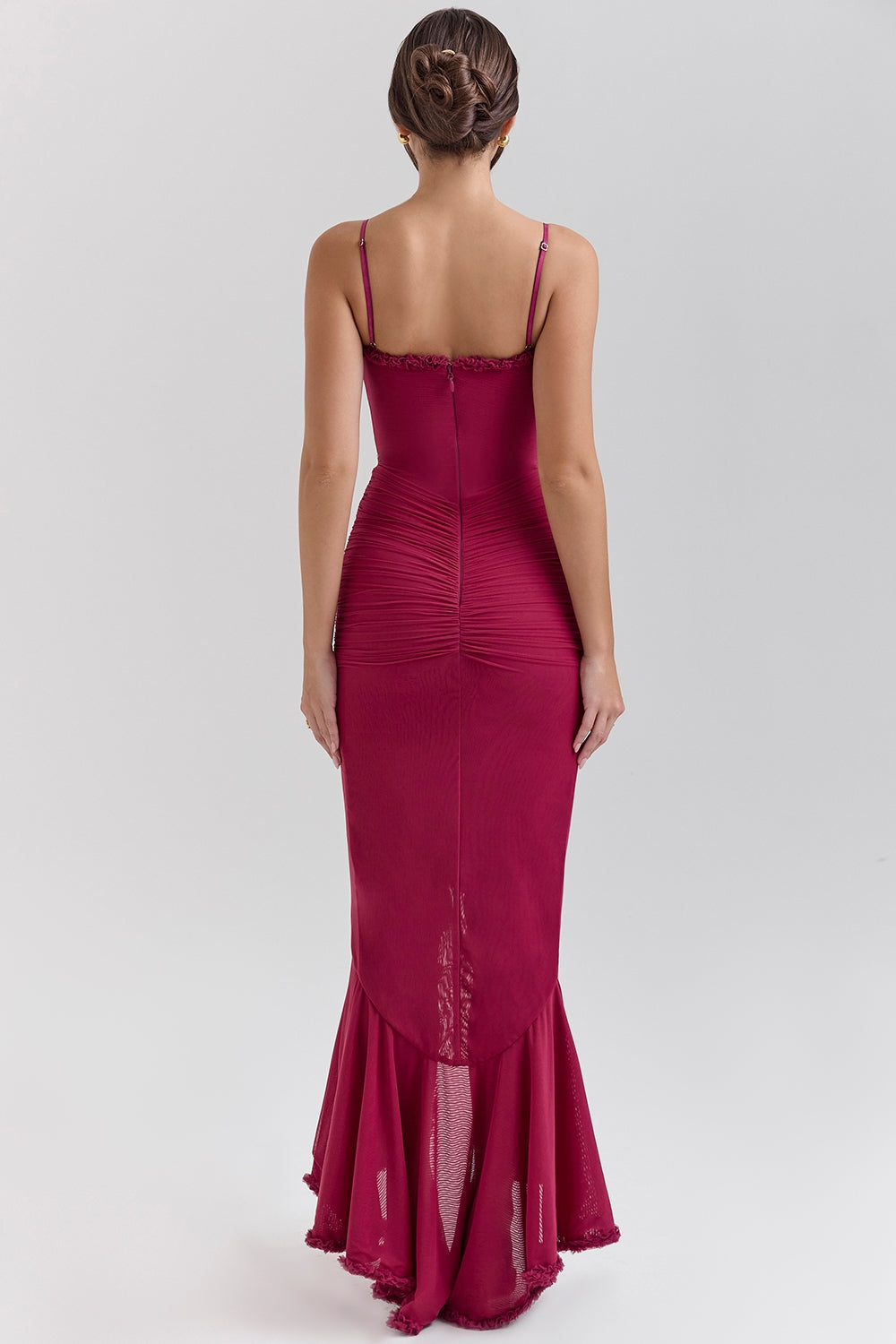 Sweetheart Spaghetti Strap Ruched Waterfall Ruffle Front Split Maxi Gown