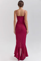 Spaghetti Strap Sweetheart Ruched Cascading Ruffle Front Slit Maxi Gown