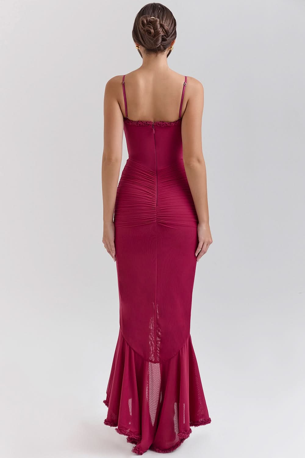 Spaghetti Strap Sweetheart Ruched Cascading Ruffle Front Slit Maxi Gown