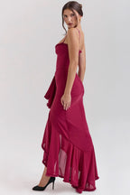 Spaghetti Strap Sweetheart Ruched Cascading Ruffle Front Slit Maxi Gown