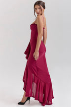 Sweetheart Spaghetti Strap Ruched Waterfall Ruffle Front Split Maxi Gown