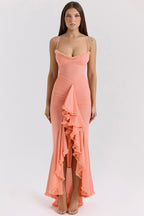 Sweetheart Spaghetti Strap Ruched Waterfall Ruffle Front Split Maxi Gown