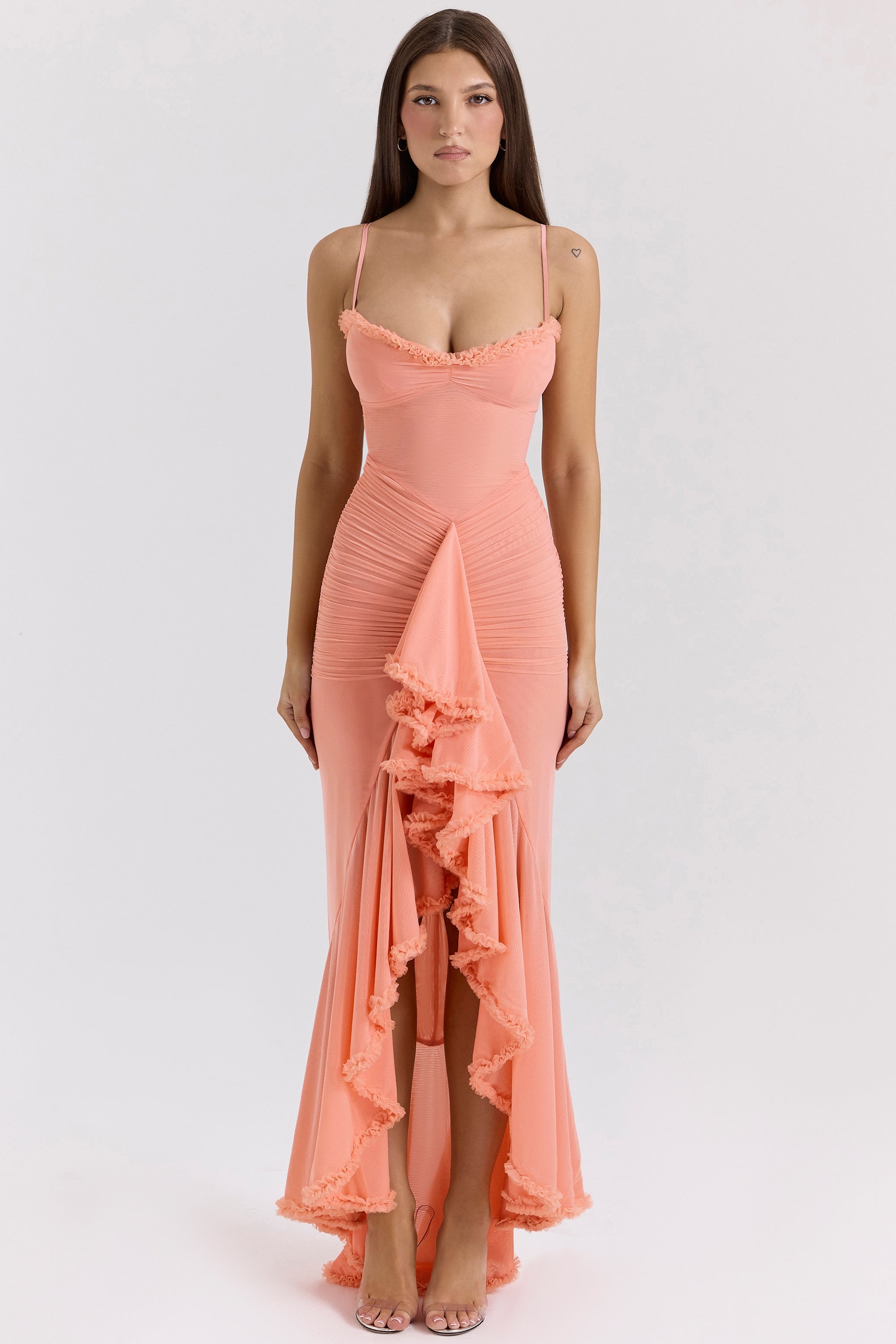 Sweetheart Spaghetti Strap Ruched Waterfall Ruffle Front Split Maxi Gown