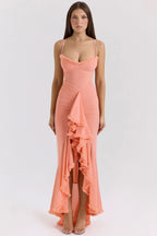 Spaghetti Strap Sweetheart Ruched Cascading Ruffle Front Slit Maxi Gown