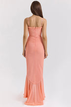 Sweetheart Spaghetti Strap Ruched Waterfall Ruffle Front Split Maxi Gown