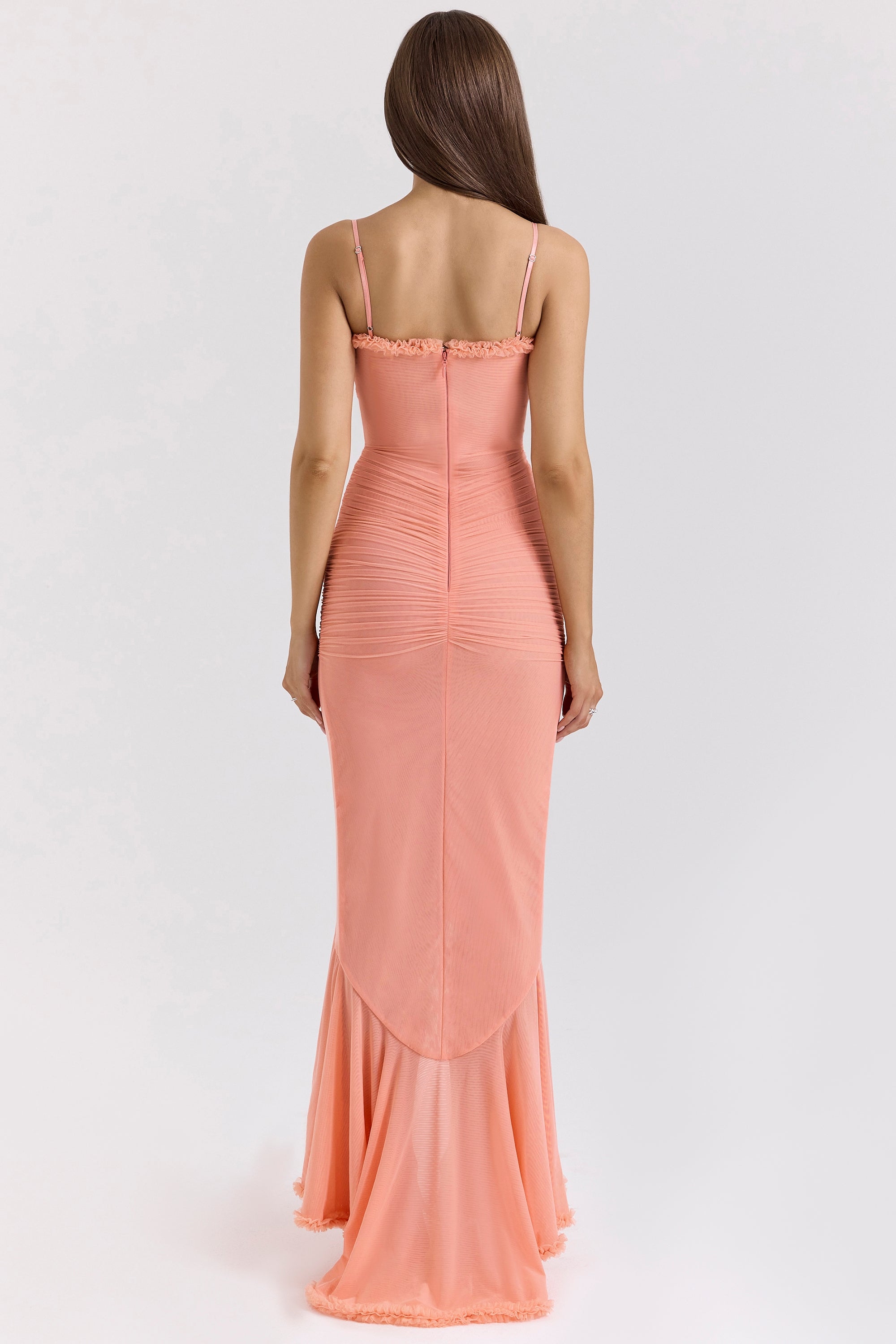 Sweetheart Spaghetti Strap Ruched Waterfall Ruffle Front Split Maxi Gown
