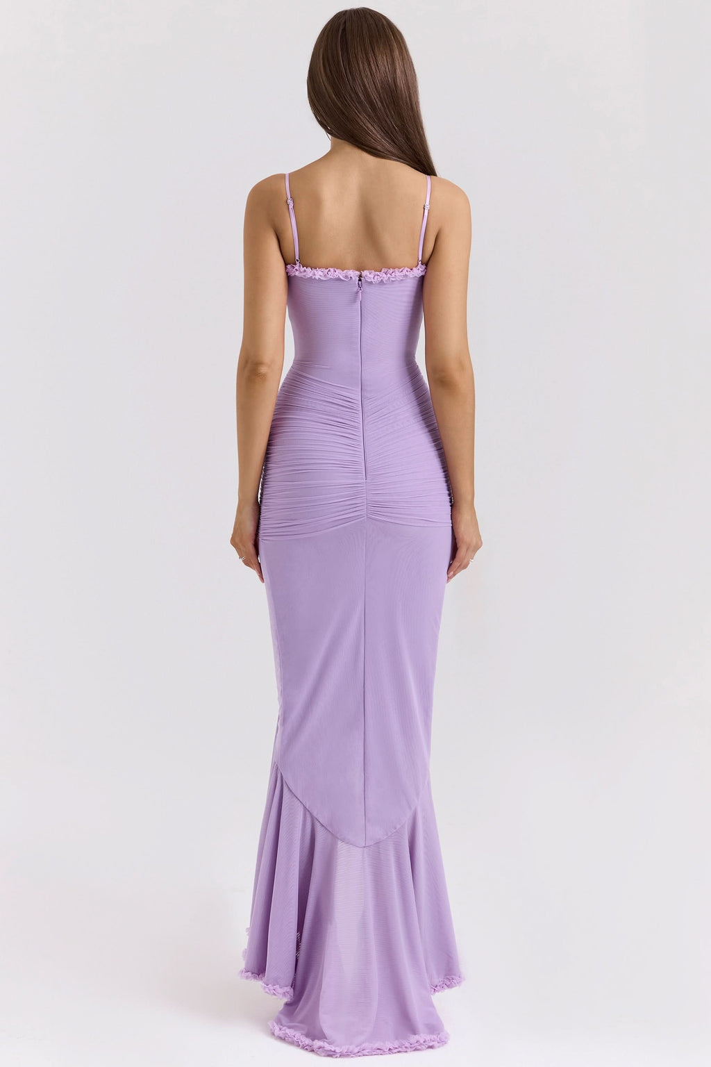 Spaghetti Strap Sweetheart Ruched Cascading Ruffle Front Slit Maxi Gown