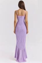 Spaghetti Strap Sweetheart Ruched Cascading Ruffle Front Slit Maxi Gown