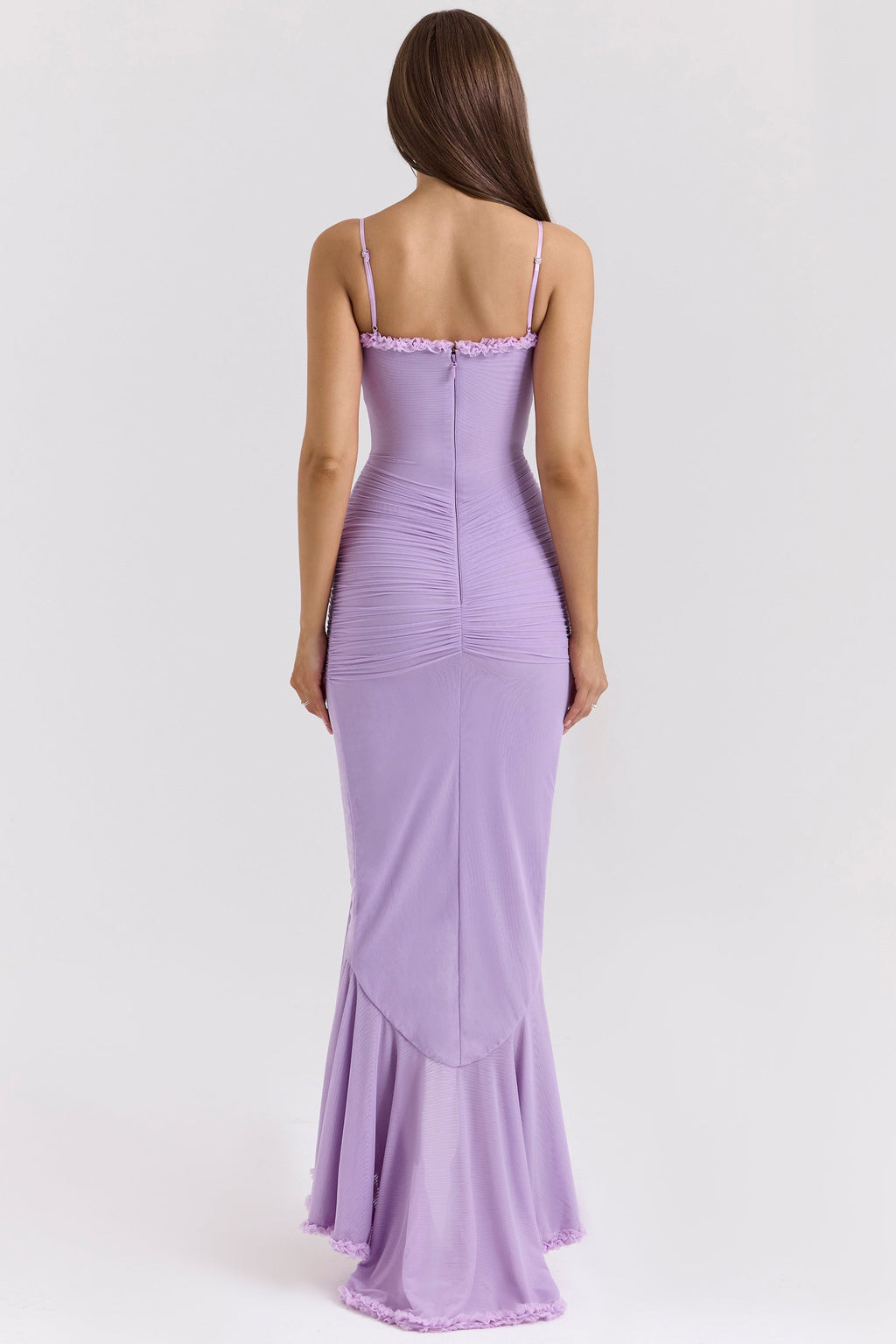 Sweetheart Spaghetti Strap Ruched Waterfall Ruffle Front Split Maxi Gown