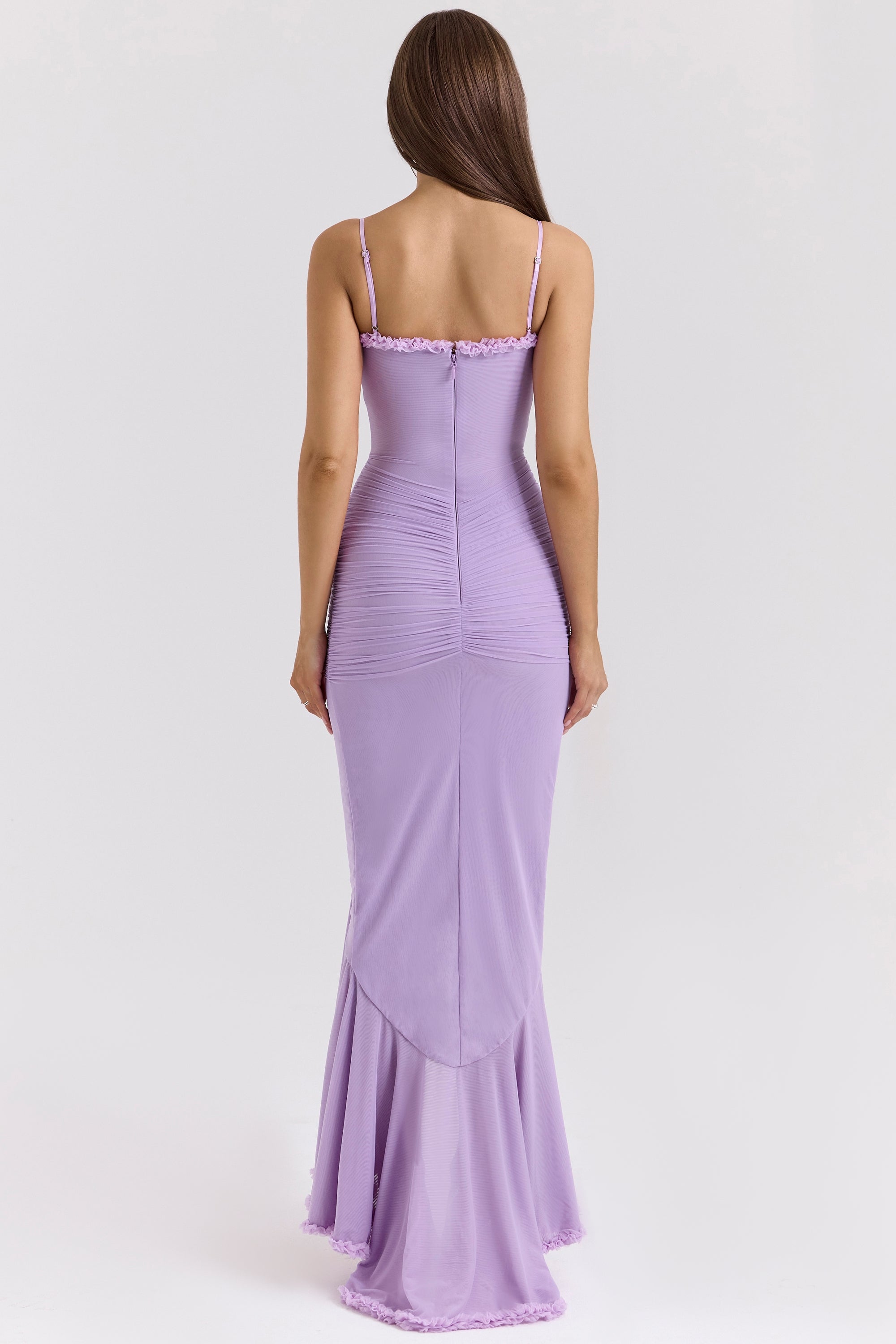 Sweetheart Spaghetti Strap Ruched Waterfall Ruffle Front Split Maxi Gown