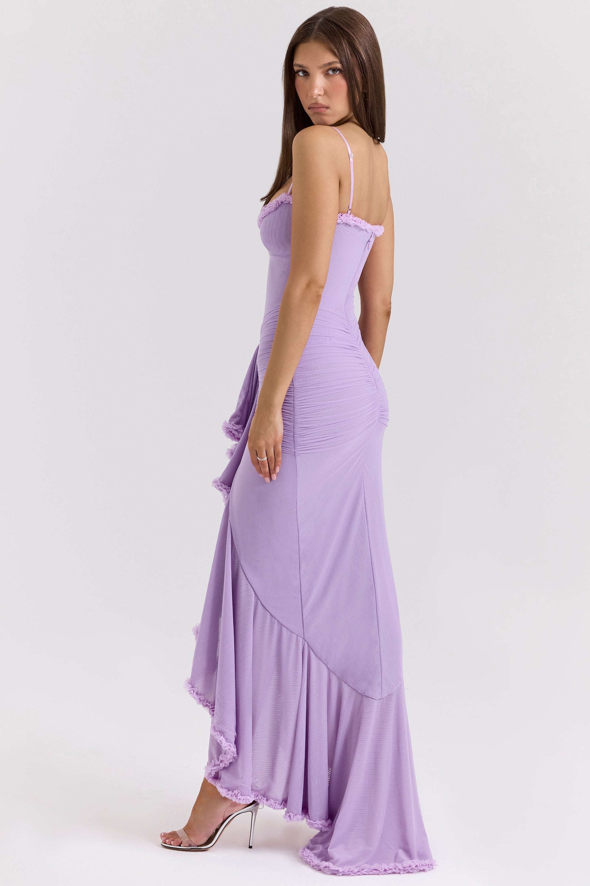 Sweetheart Spaghetti Strap Ruched Waterfall Ruffle Front Split Maxi Gown