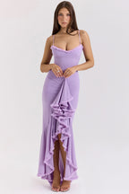 Spaghetti Strap Sweetheart Ruched Cascading Ruffle Front Slit Maxi Gown