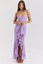 Sweetheart Spaghetti Strap Ruched Waterfall Ruffle Front Split Maxi Gown