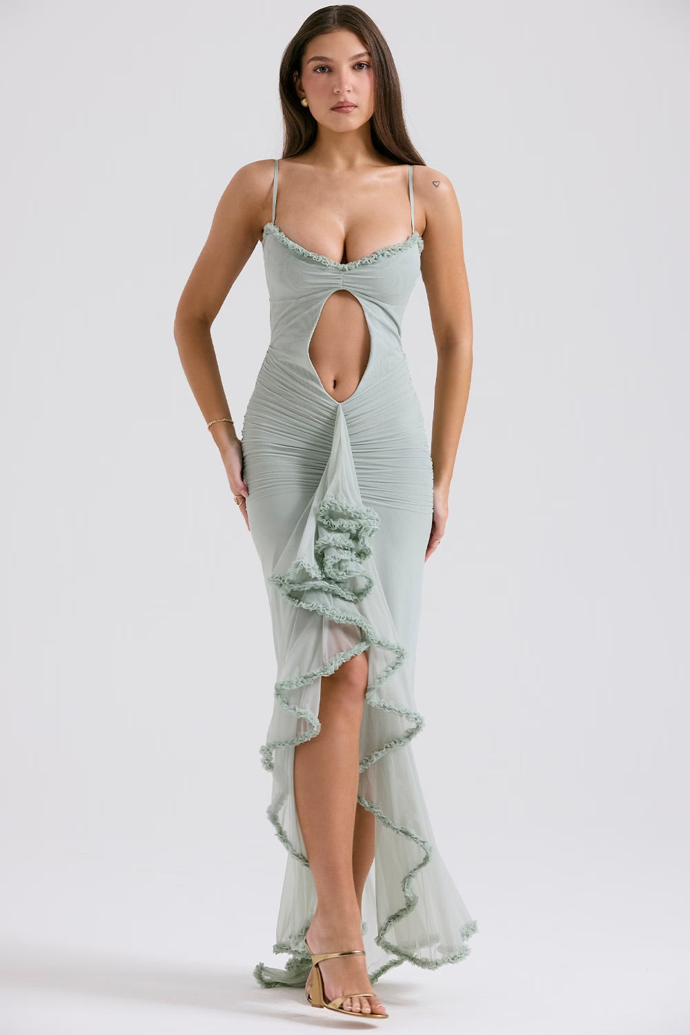 Sweetheart Spaghetti Strap Torso Cutout Ruched Mesh Ruffle Gown