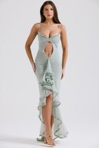 Sweetheart Spaghetti Strap Torso Cutout Ruched Mesh Ruffle Gown