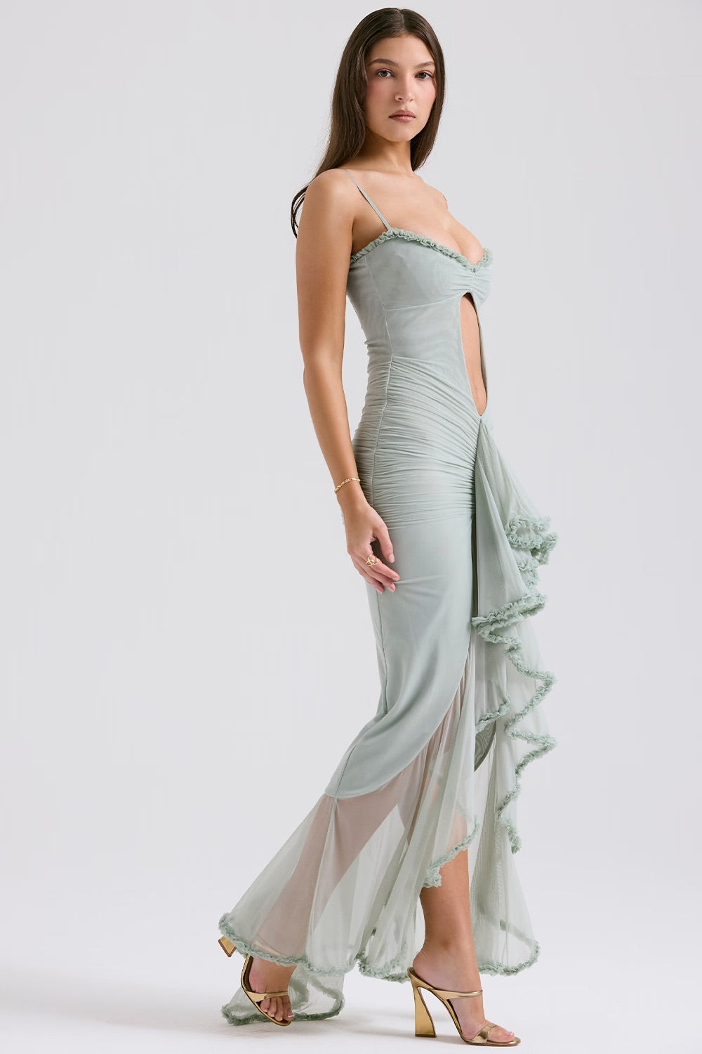 Sweetheart Spaghetti Strap Torso Cutout Ruched Mesh Ruffle Gown