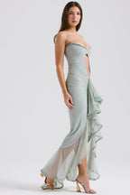 Sweetheart Spaghetti Strap Torso Cutout Ruched Mesh Ruffle Gown