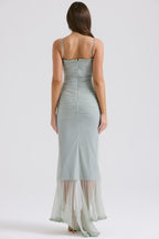 Sweetheart Spaghetti Strap Torso Cutout Ruched Mesh Ruffle Gown