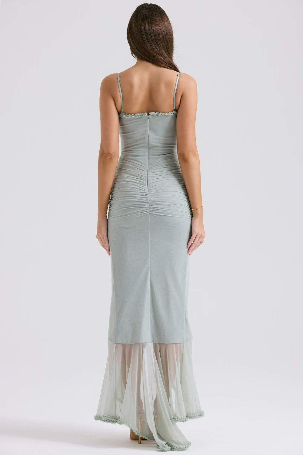 Sweetheart Spaghetti Strap Torso Cutout Ruched Mesh Ruffle Gown