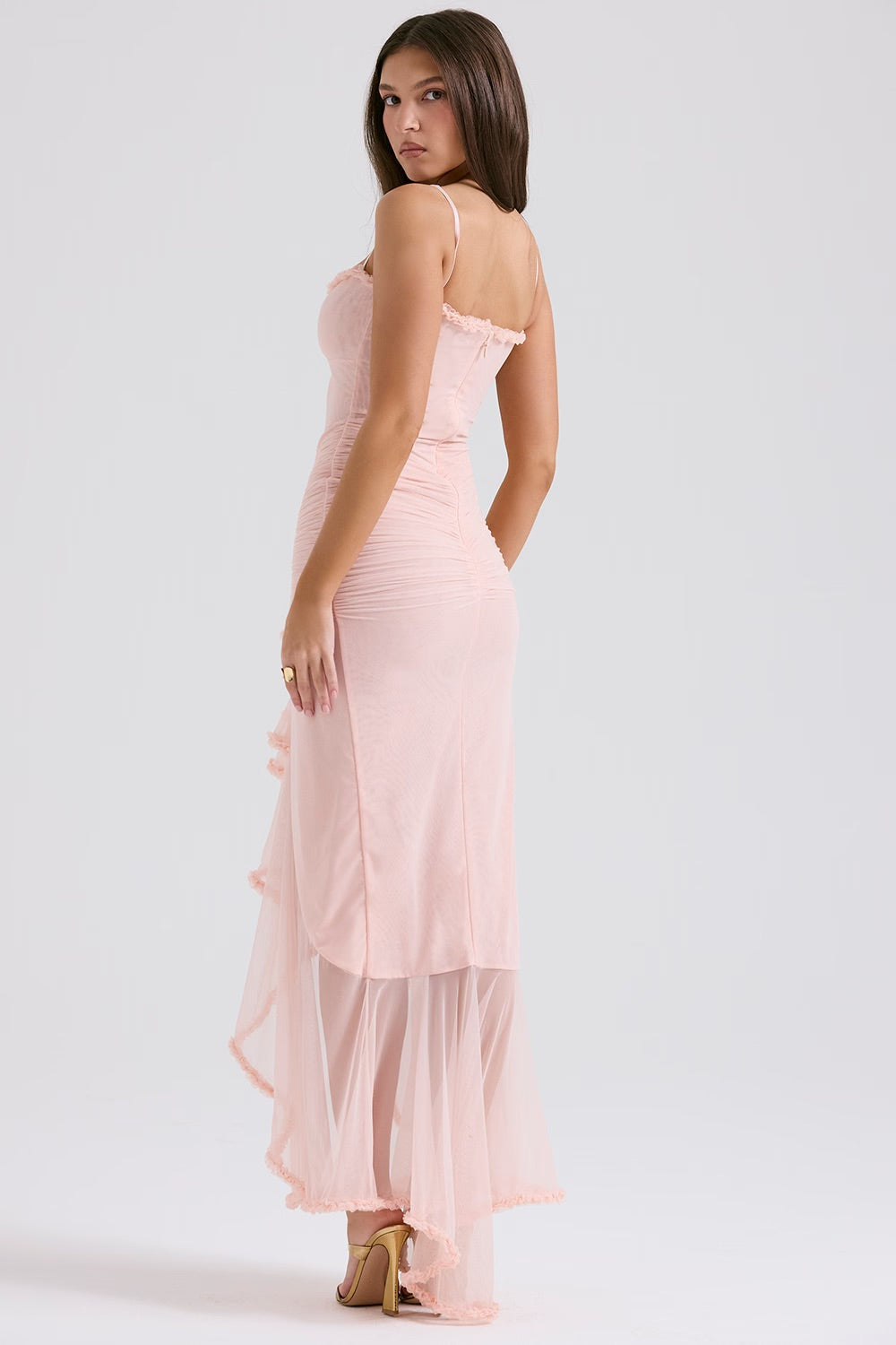 Sweetheart Spaghetti Strap Torso Cutout Ruched Mesh Ruffle Gown