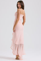 Sweetheart Spaghetti Strap Torso Cutout Ruched Mesh Ruffle Gown
