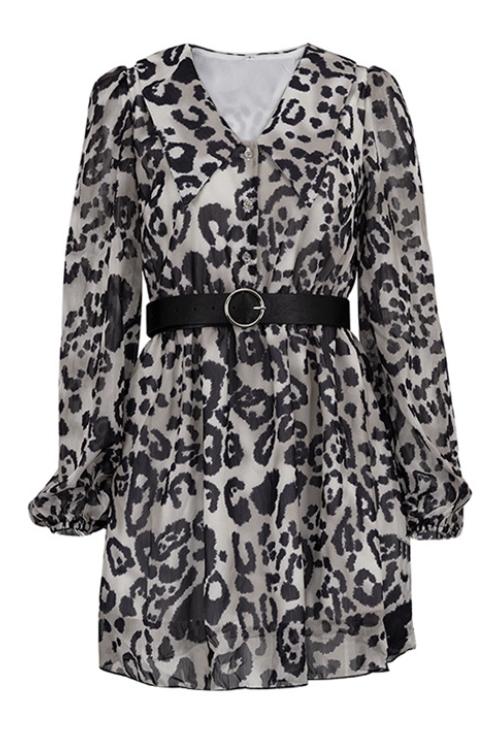 Melisa Timeless Printed Chiffon V Neck Mini Dress with Belt Designer Edit