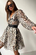Melisa Timeless Printed Chiffon V Neck Mini Dress with Belt Designer Edit