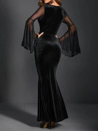 Gathered Net Flare Sleeve Full-Length Dress