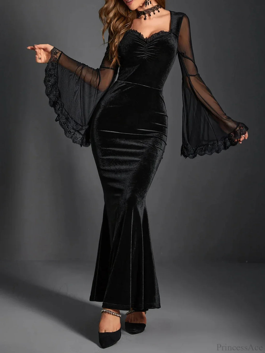 Gathered Net Flare Sleeve Full-Length Dress