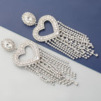 Crystal Heart Tassel Earrings with Gem Detail - Silver