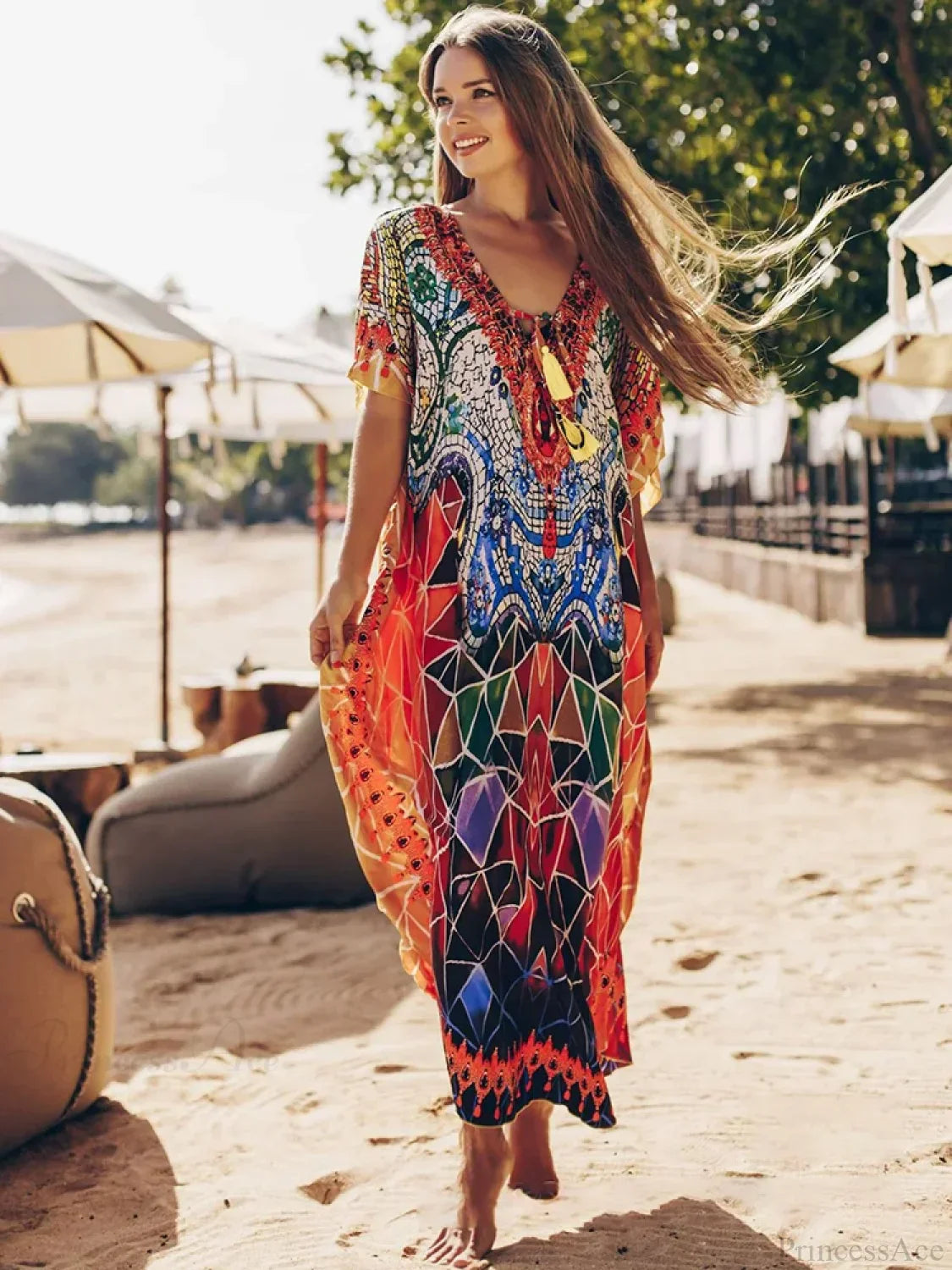 Geometric Printed Lace Up V-Neck Cover Up