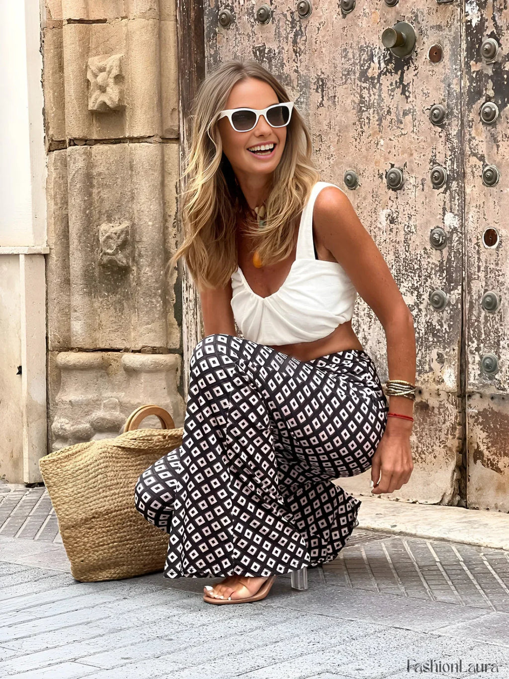 Geometrical Print Flare Pants