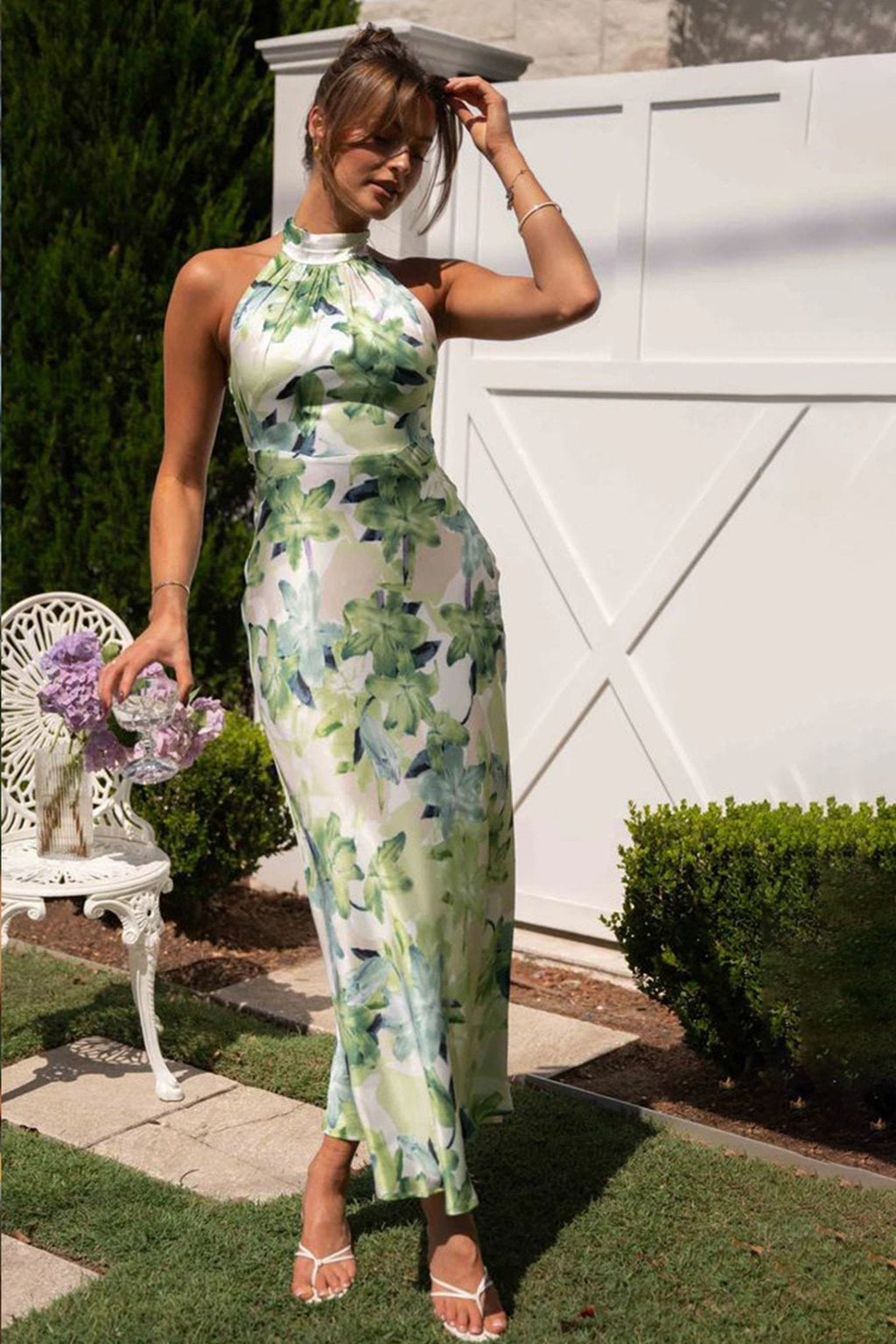 Renata Timeless Printed Halterneck Midi Dress in Backless Satin Statement Occasion Edit